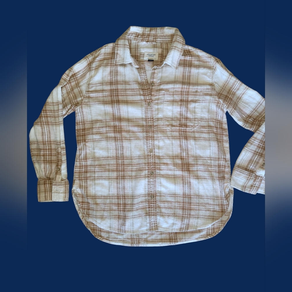 American Eagle Flannel Shirt Size S Brown Cream Plaid Unisex Super Soft Knit